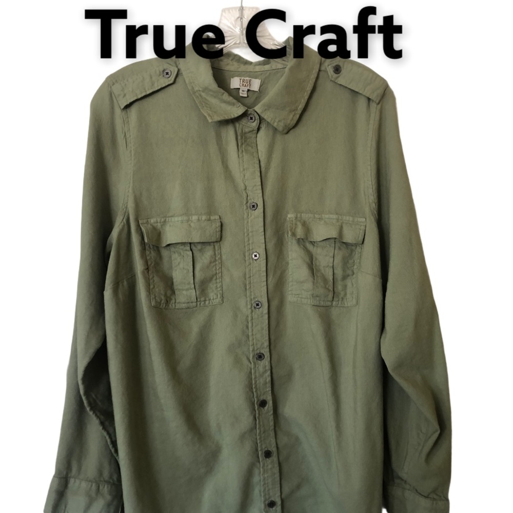 True Craft Button Up Utility Blouse Long Sleeve Olive 0X